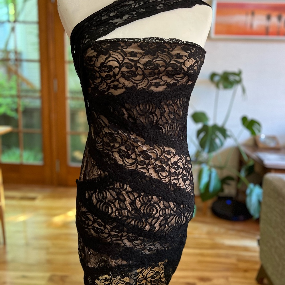 Bebe Black and Nude Asymmetrical One Shoulder Cocktail Dress